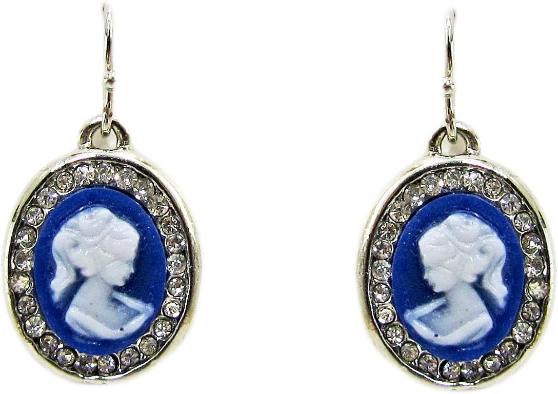 Blue Oval Cameo Earrings in a Clear Crystal Setting, A timeless victorian design cameo earrings.