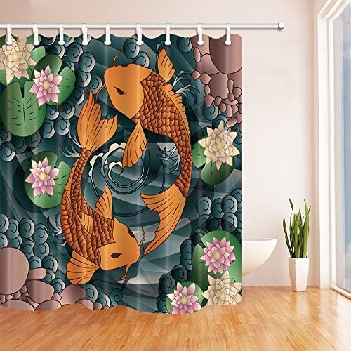 Rrfwq Asian Decor Cartoon Koi Carps with Lotus Bath Curtain Polyester Fabric Waterproof Shower Curtain for Bathroom 70.8X70.8 in Shower Curtains Hooks Included Orange