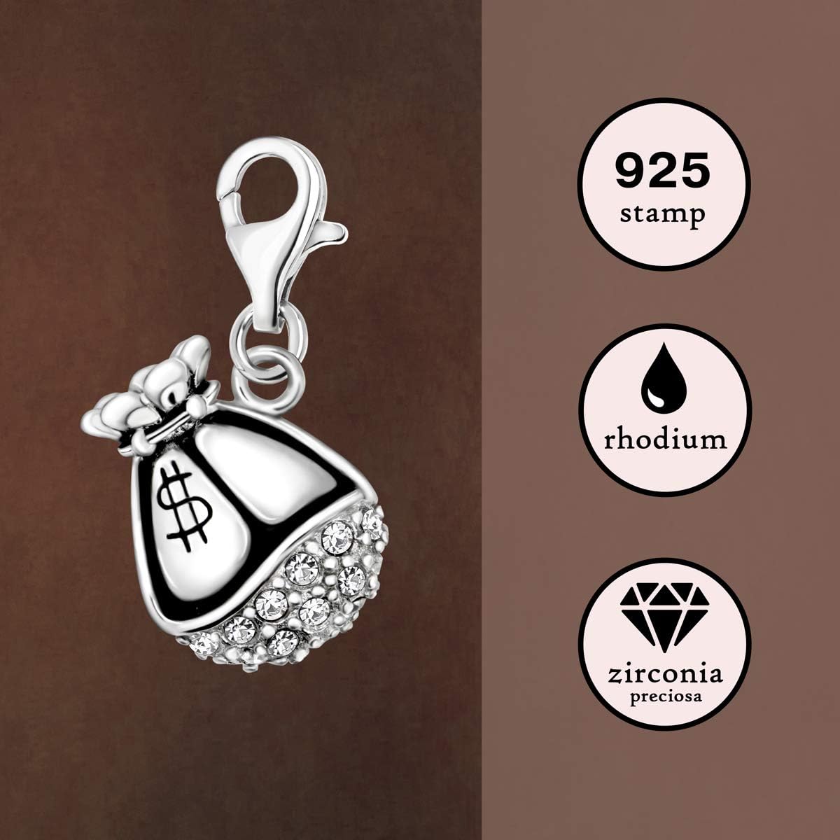 Quiges 925 Sterling Silver White Cubic Zirconia 3D Dollar Money Bag Lobster Clasp Charm Clip on Pendant - Image 4