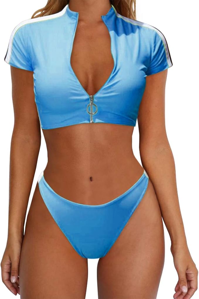 RUUHEE Women Rash Guard Short Sleeve Bathing Suits High