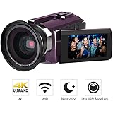 4K Camcorder, LAKASARA Video Camera Camcorders 48.0MP Ultra HD Digital Cameras Video Recorder with Wifi and Infrared Night Vision 3'' LCD Touchscreen External Wide Angle Lens (HDV-534K Purple)