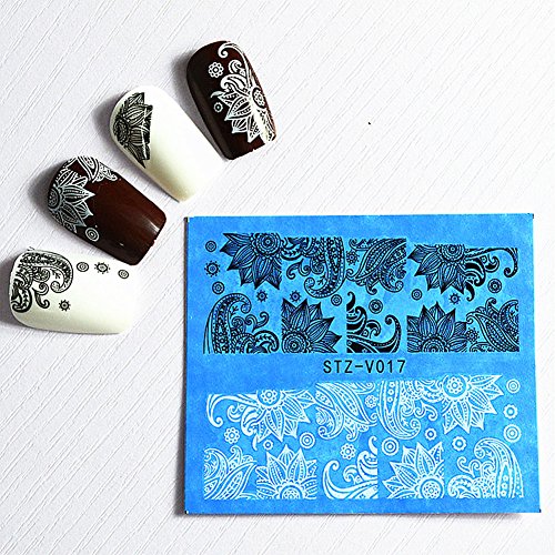 Chinatera 48 Sheets Nail Art Water Transfer Decal Lace Flower Sticker Black White Manicure