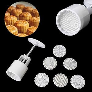 EORTA 3D Mooncake Mold With 6 Stamps Flower Cookie Press 50g Round Cake Cutter Baking Severing Tools for Mid Autumn Festival, DIY Handmade Decoration, White