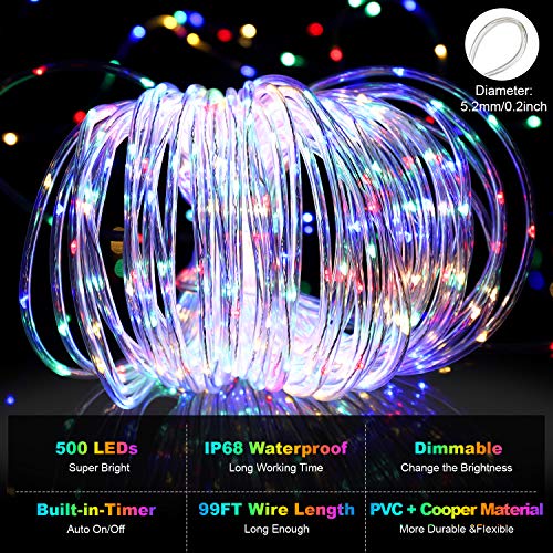 99Ft LED Rope Lights Outdoor, 500 LEDs Fairy String Lights Plug in 8 Modes, Dimmable, Super Durable, Waterproof String Lights Outdoor Indoor for Patio Wedding Christmas, 2 Remote Control (Multicolor)