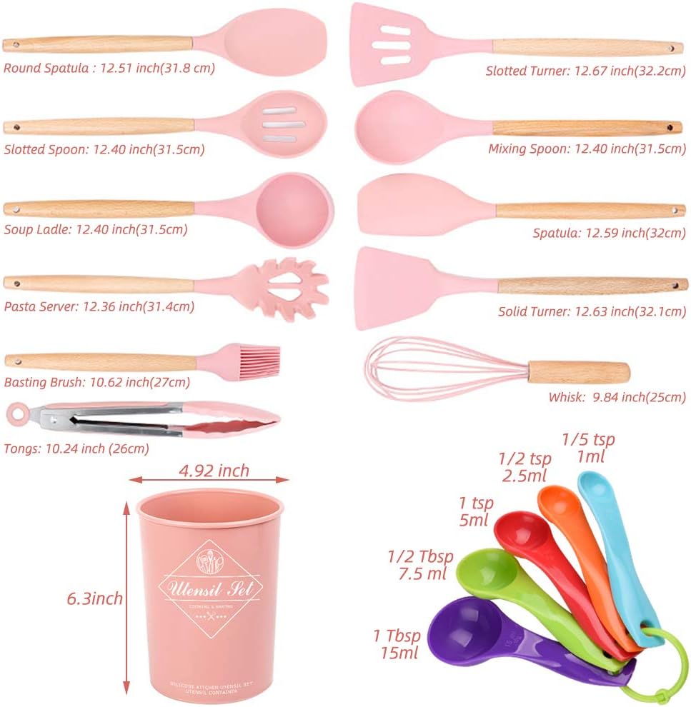 28 Pcs Kitchen Utensil Set, STRAWBLEAG 12 Pcs Non-Scratch Silicone Cooking Kitchen Utensils Set with 5 Pcs Measuring Spoons and 11 Pcs Hook, Heat Resistant Wooden Handle Cooking Utensil Set (Pink): Kitchen & Dining