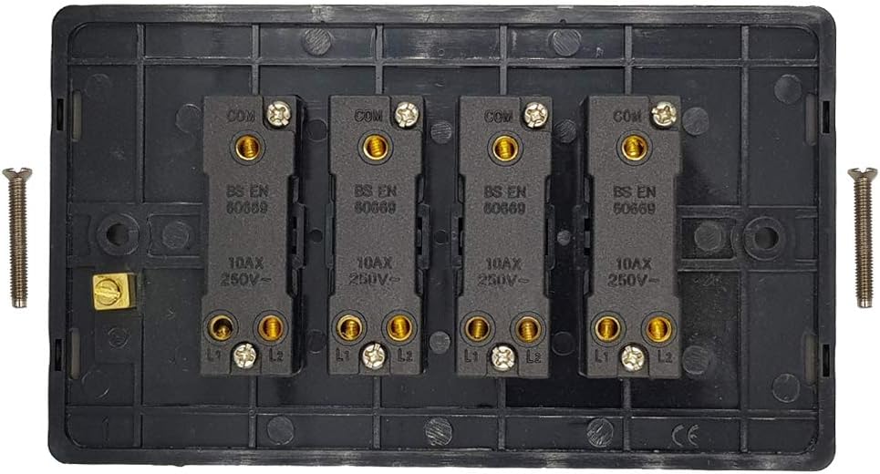 Klite Quad Light Switch 4 Gang Flat Screwless Brushed Chrome Black Insert – Metal Rocker Switches – 10A 4 Gang 2 Way Switch - Image 3