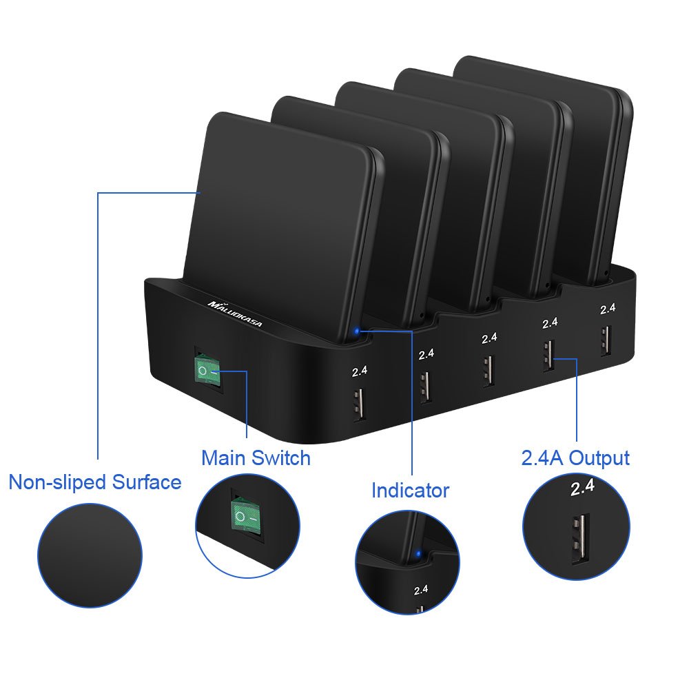 Multiple Port Charging Station, Cell Phone Wireless Charging Pad & USB Charging 5 Ports Dock 2.4A for Smartphones KindleTablets Removeable Baffles Fast Charge Organizer with Indicator (2 Wireless Pad)