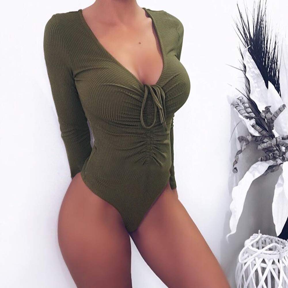 Women Jumpsuits Deep V Neck Long Sleeve Bodysuit Stretchy Romper Jumpsuit Autumn Winter Bodysuit (Green, Medium)