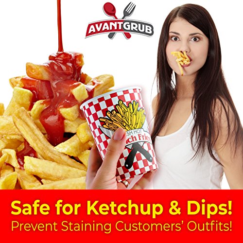 Grease-Proof Paper French Fries Cups 50 Pack. Each Sturdy Fry Container Holds 12 oz and is Sized for Handheld Snacking! Great for Concession Stands, Fundraiser Carnivals and Food Trucks!