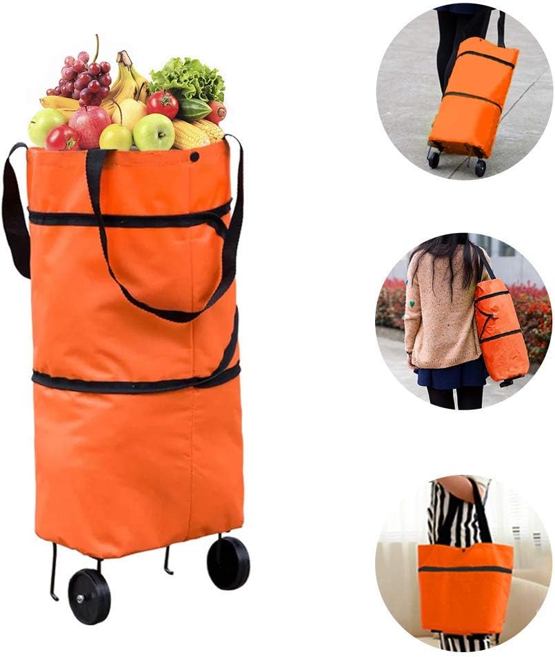 YOUYE Collapsible Shopping Cart with Wheel - Lightweight Rolling Food Grocery Tote Bag for Women,Personal Accessories Portable Laundry Trolley Dolly Cart Stair Climber for Supermarket(Orange)