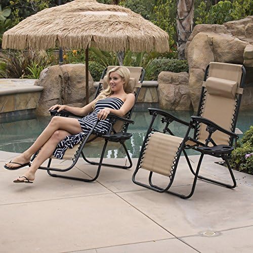 BELLEZE Zero Gravity Chairs Set of (2) Patio Lounge Chair Outdoor Beach Backyard Foldeable Reclining Seat Folding, Beige