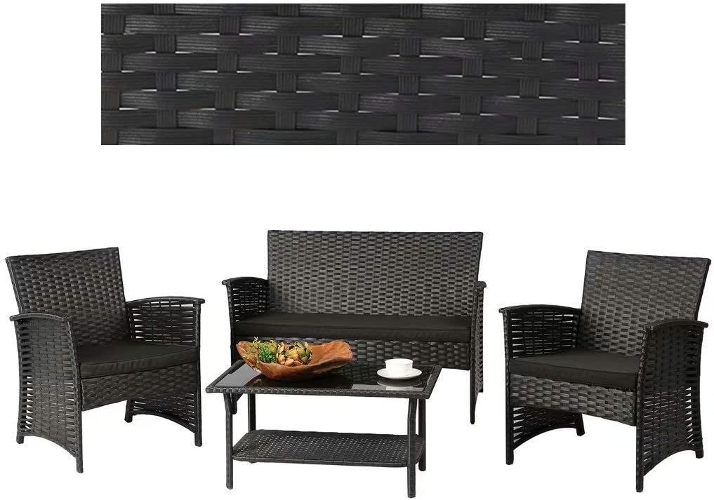 HSTF? 4 Pieces Outdoor Rattan Patio Furniture Sets, Modern Wicker Conversation Sofa Chairs with Cushioned & Glass Top Coffee Table, Perfect for Garden Lawn Pool Backyard, Black