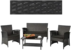 HSTF? 4 Pieces Outdoor Rattan Patio Furniture Sets, Modern Wicker Conversation Sofa Chairs with Cushioned & Glass Top Coffee Table, Perfect for Garden Lawn Pool Backyard, Black