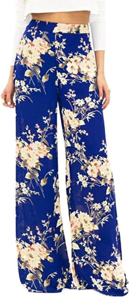 Doublean Womens Summer Floral Print Wide Leg Spandex Loose Palazzo Pants Blue