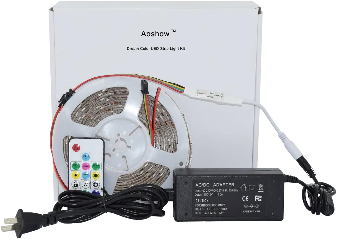 Aoshow Addressable Programmable Digital WS2815 LED Strip Light Kit 16.4FT 150Pixels SMD5050 IC Built-in RGB Chip+ SP103E Mini-RF 14Keys Controller+ 12V 5A Power Supply (Kit WS2815 30LEDs IP65)