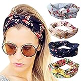 DRESHOW 4 Pack Headbands Vintage Elastic Printed Head Wrap Stretchy Moisture Solid Color Criss Hairband for Women