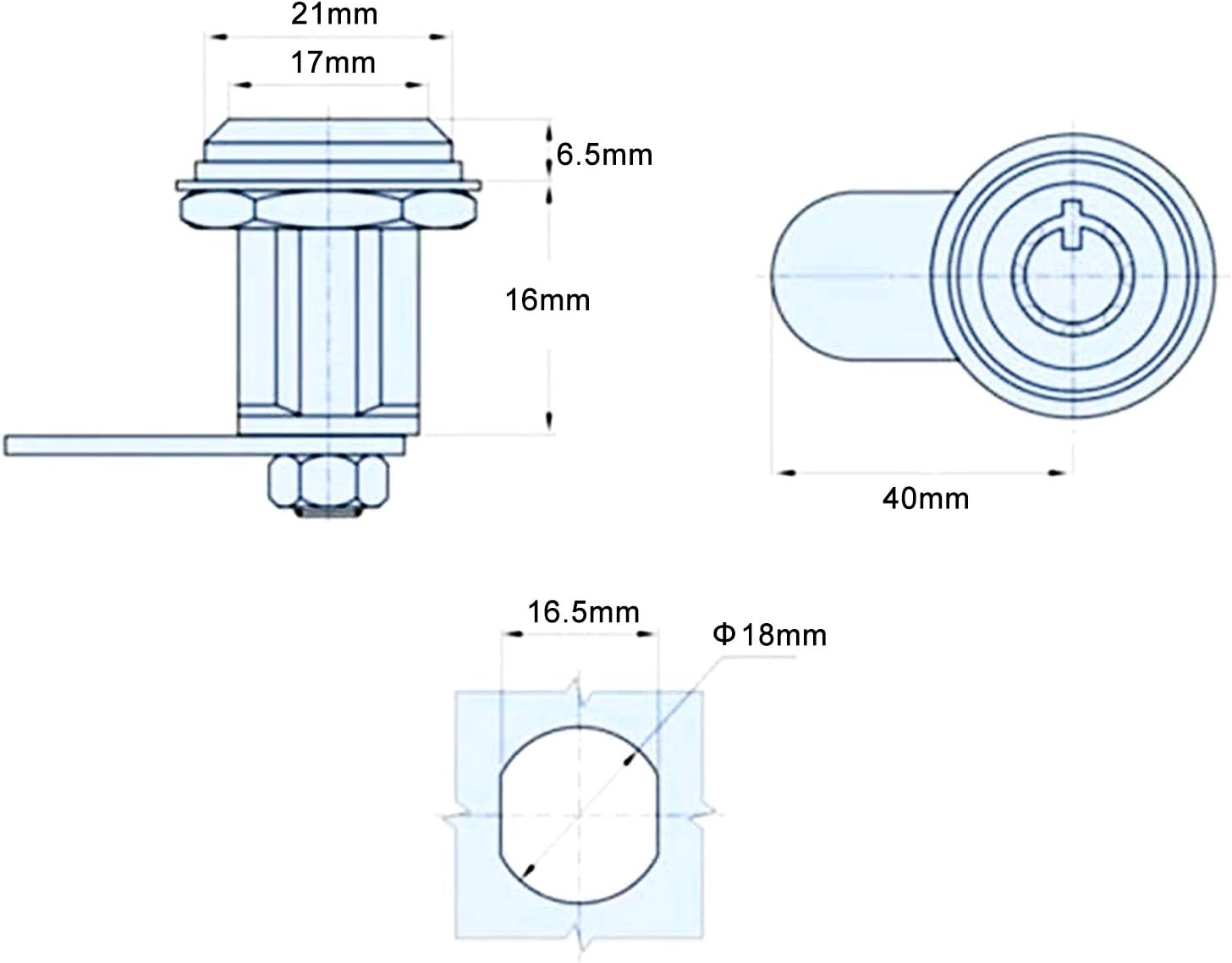 Hicello Cylinder Tubular Cam Lock diameter 18mm x 16mm Barrel, 90 Degree Rotation, with 2 Round Keys - Image 3