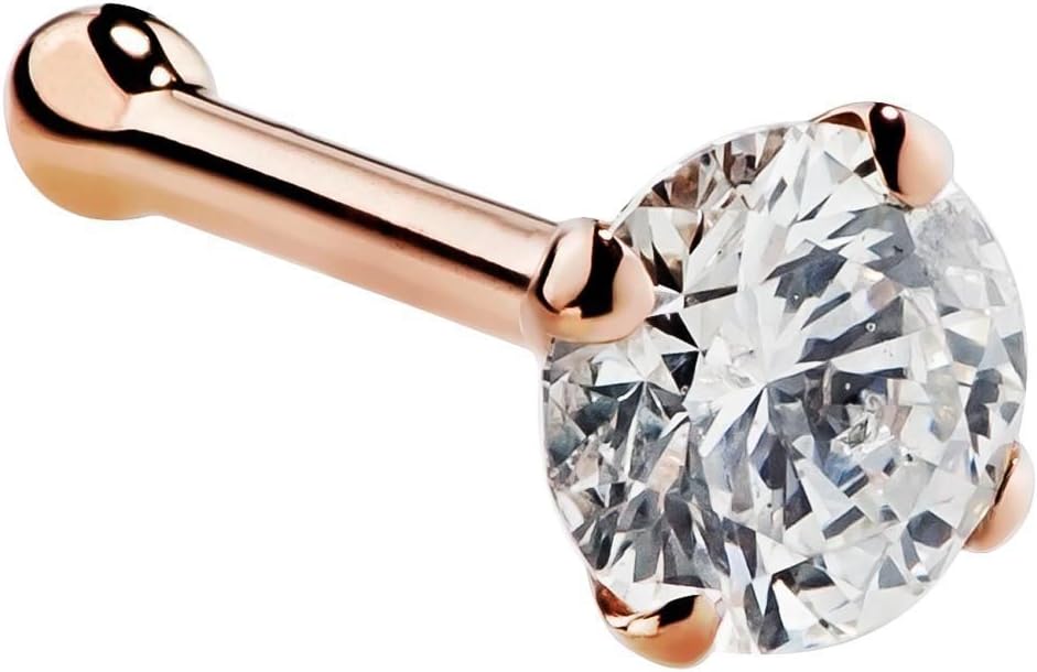 2.0mm Round-Cut-Diamond and 18K Rose Gold Nose Ring/ Pin/ Stud