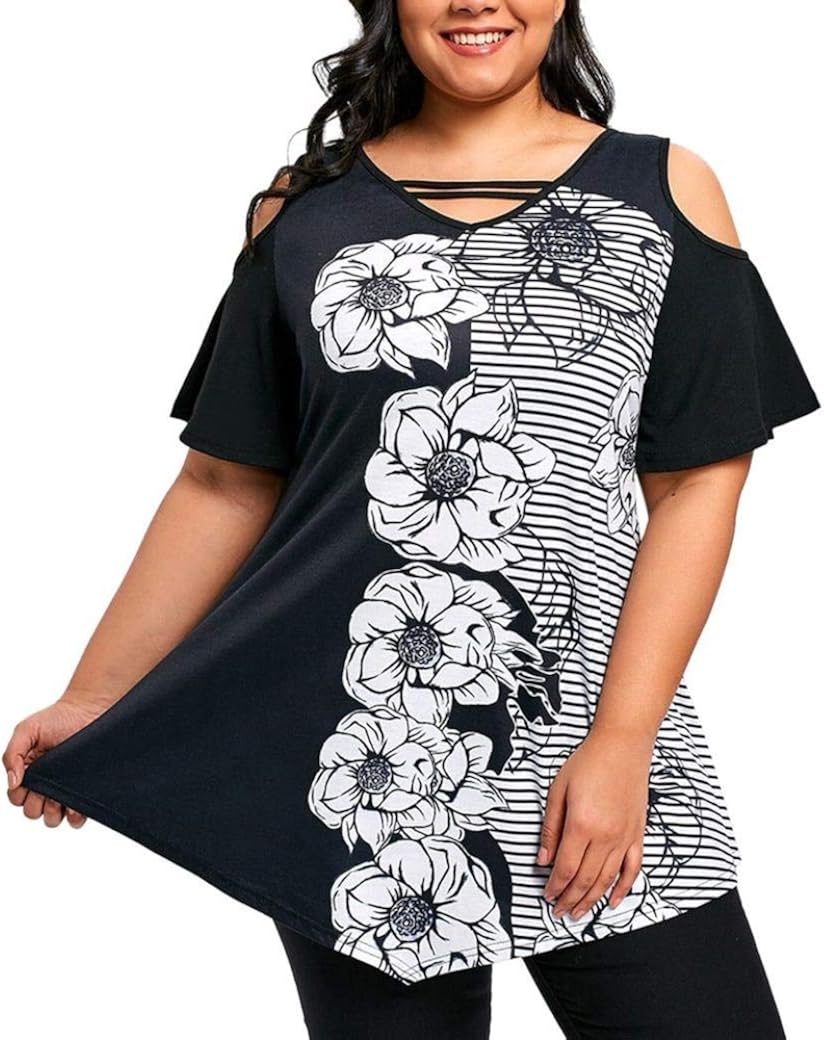 TShirt Ladies Summer Striped Tops Printed Festival Fashion Flower