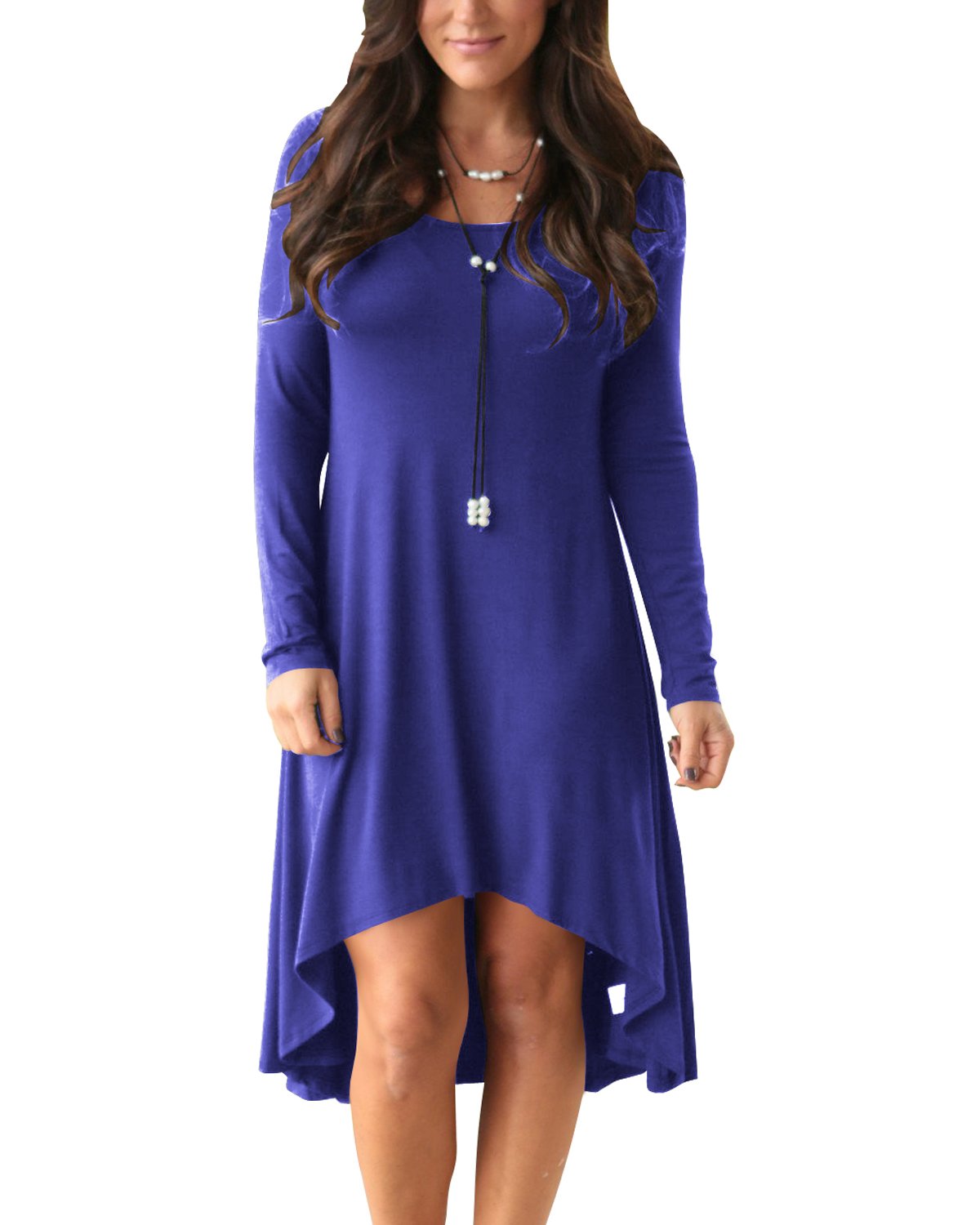Women\'s Dress Long Sleeve Casual Solid A-Line Short Tee Shirt Dress Blue M