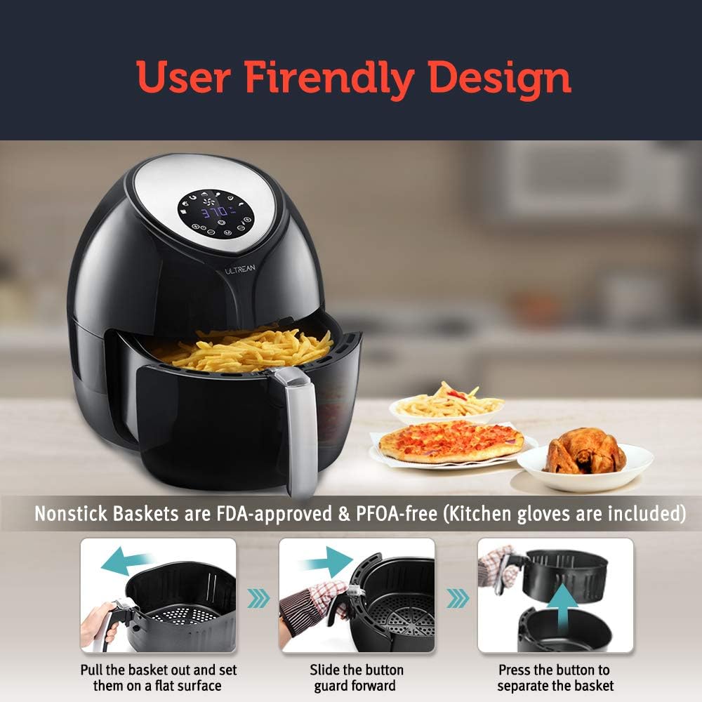 Ultrean 8.5 Quart Air Fryer, Electric Hot Air Fryers XL Oven Oilless Cooker with 7 Presets, LCD Digital Touch Screen and Nonstick Detachable Basket, UL Certified, Cook Book, 1-Year Warranty, 1700W (Black): Kitchen & Dining