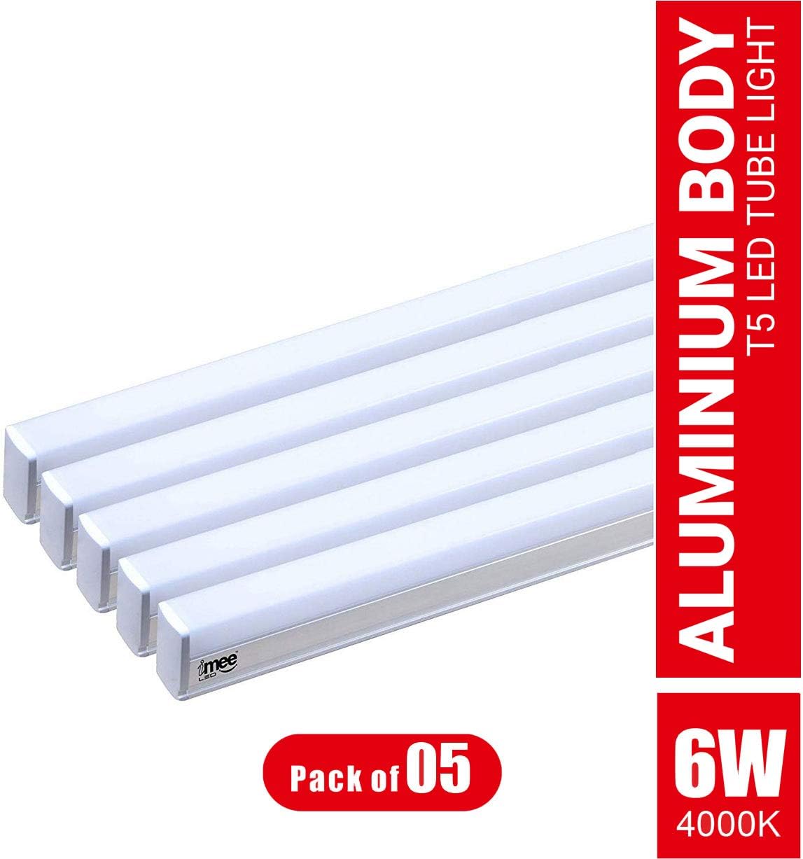 imee Extra Bright T5 LED Tube Light with Fitting Clamps & Screws, Heavy Duty Aluminium Body (Warm White Light, 6 Watts, Length: 1 Feet) - Pack of 5