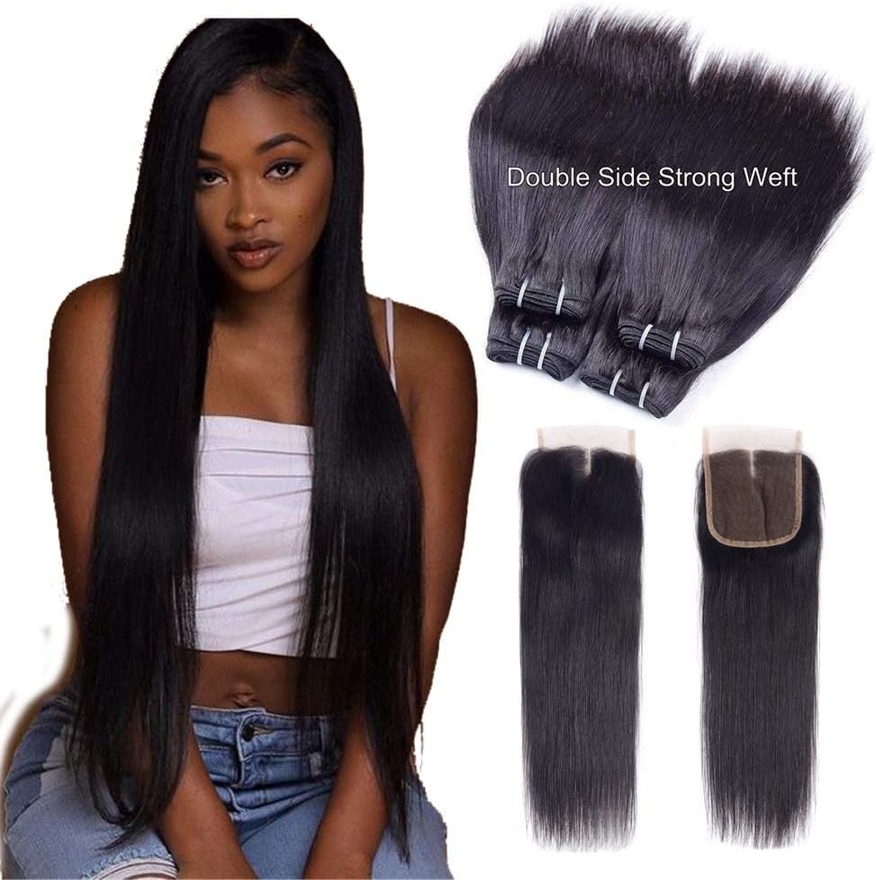 Peruvian Hair Bundles with Closure 100% Unprocessed Virgin Human Hair Bundles with Lace Closure 10A Straight Hair Weave Bundles with Closure 50g/pc（10 10 10 10+10"）Middle Part 4 Bundles with Closure