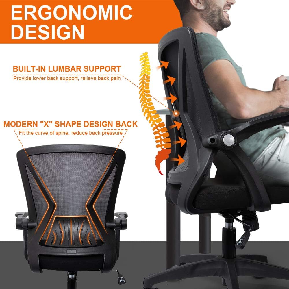 QOROOS Mid Back Mesh Office Chair Ergonomic Swivel Black Mesh Desk Chair Flip Up Arms with Lumbar Support Computer Chair Adjustable Height Task Chairs: Kitchen & Dining