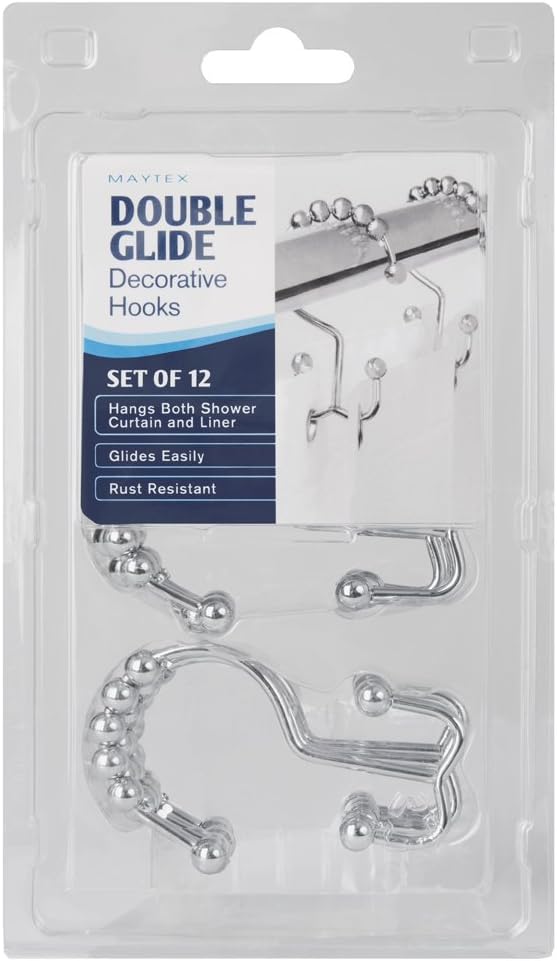 Maytex Curtain Rings, Rust-Resistant Metal Double Roller Glide Hooks for Bathroom Shower, Set of 12, Brushed Nickel: Home & Kitchen