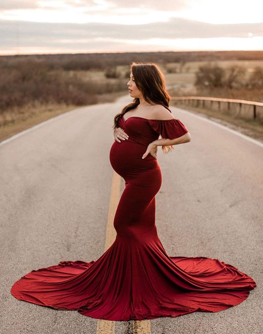 Saslax Off Shoulder Ruffle Sleeves Elegant Fitted Maxi Maternity Dress for Photoshoot Baby Shower: Clothing