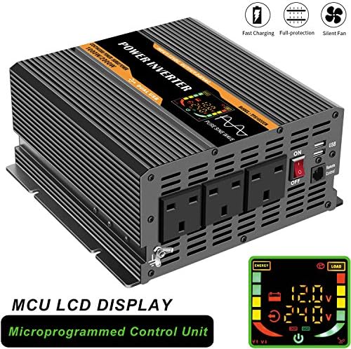 Power Inverter Pure Sine Wave - DC 12V to AC 240V 230V Car Solar Inverter Converter 1000W 3 AC UK Outlets Dual USB Ports with 5 Meter Remote Control and LCD Digital Display - Peak Power 2000 Watt