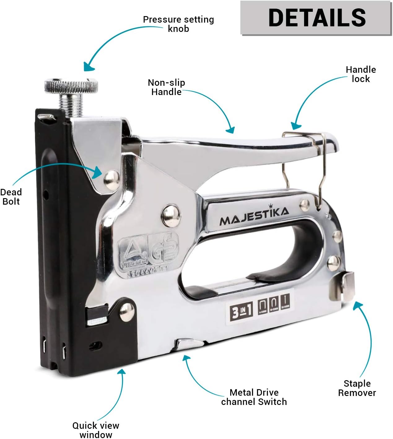 MAJESTIKA – Heavy Duty Staple Gun for Upholstery with 1500 Staples (D, U and T-Type), Staple Remover, 3 in 1 Stapler Gun for Upholstery, DIY Repair, Decoration, Carpentry, Wood Furniture. : Office Products