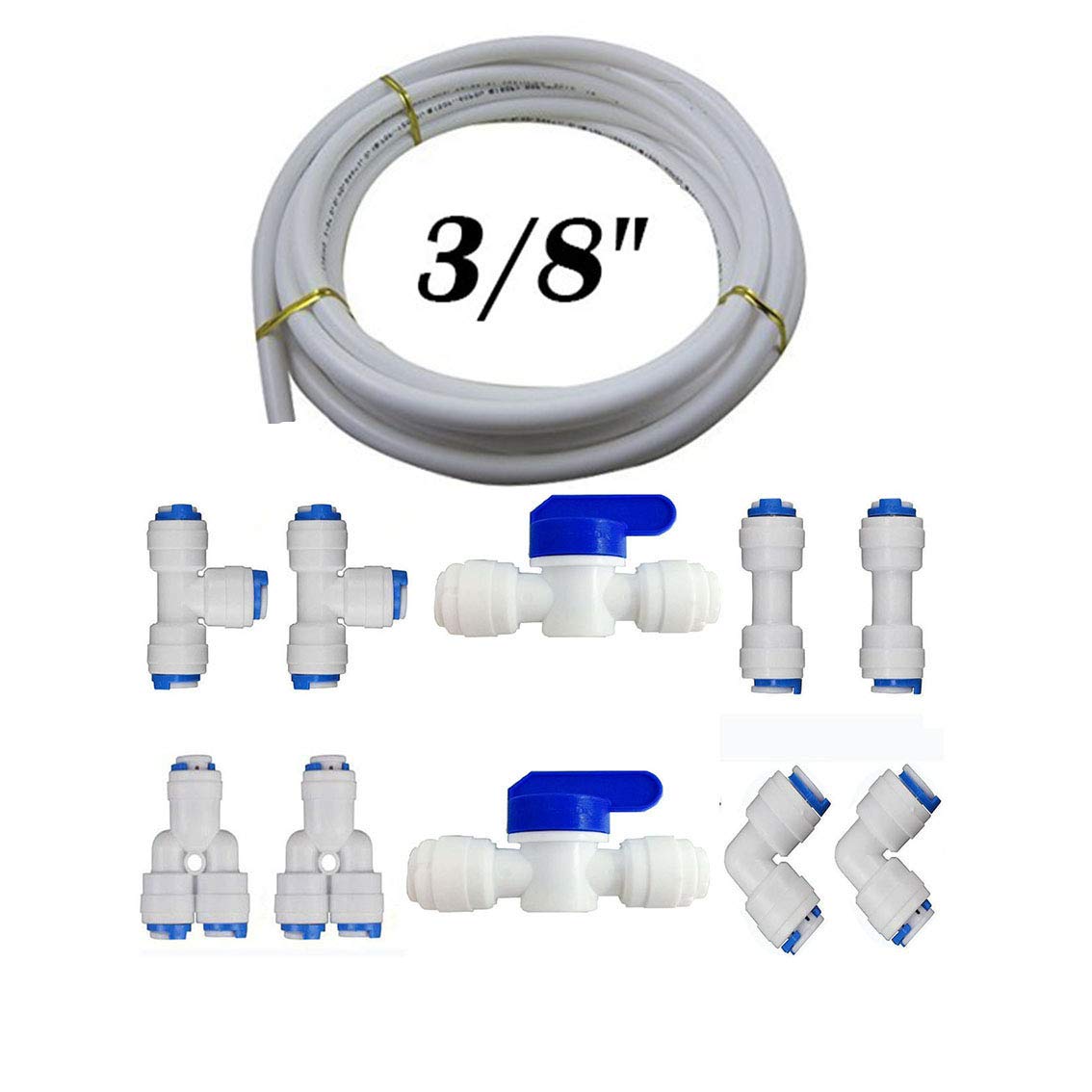 Neeshow 3/8" Quick Connect Water Purifiers Tube Fittings for RO Water Reverse Osmosis System Pack Of 10（Ball Valve+Y+L+I+T Type）+5 meters（15 feet） tubing hose pipe for RO Water Reverse Osmosis System