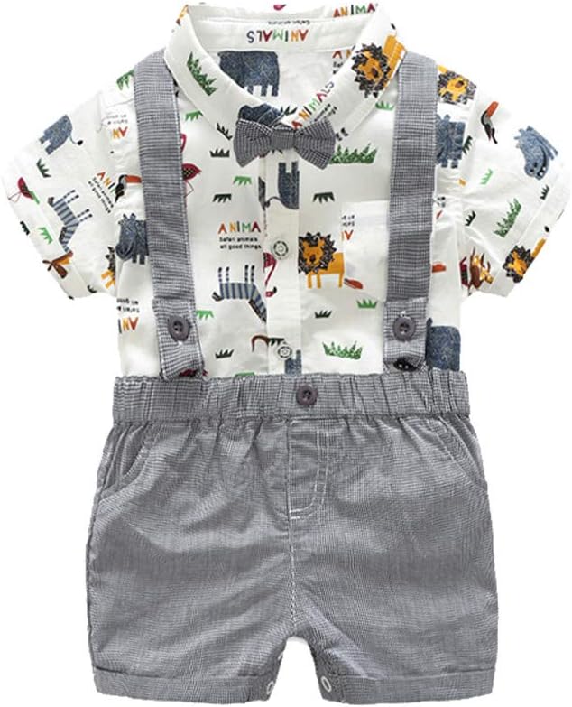 2Piece Infant Baby Boys Gentleman Outfit Set, Bow Tie Cartoon Romper Suspenders Shorts Overalls, Party Suit
