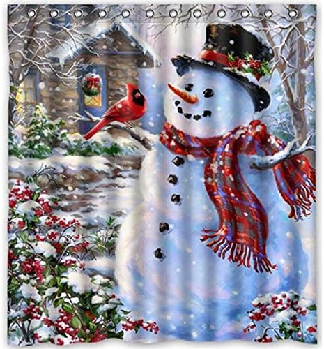 CHARMHOME 60x72 Inch Winter Holiday Merry Christmas Happy Snowman and Cardinals Shower Curtain New Waterproof Fabric Bath Curtain (Shower Rings Included)