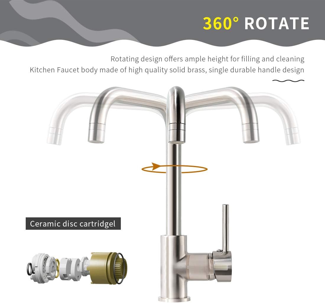 GIMILI Bar Sink Faucet Stainless Steel Kitchen Faucet One Hole Brushed Nickel, Single Handle 360 Degree Rotation Brushed Nickel Kitchen Sink Faucets - - 
