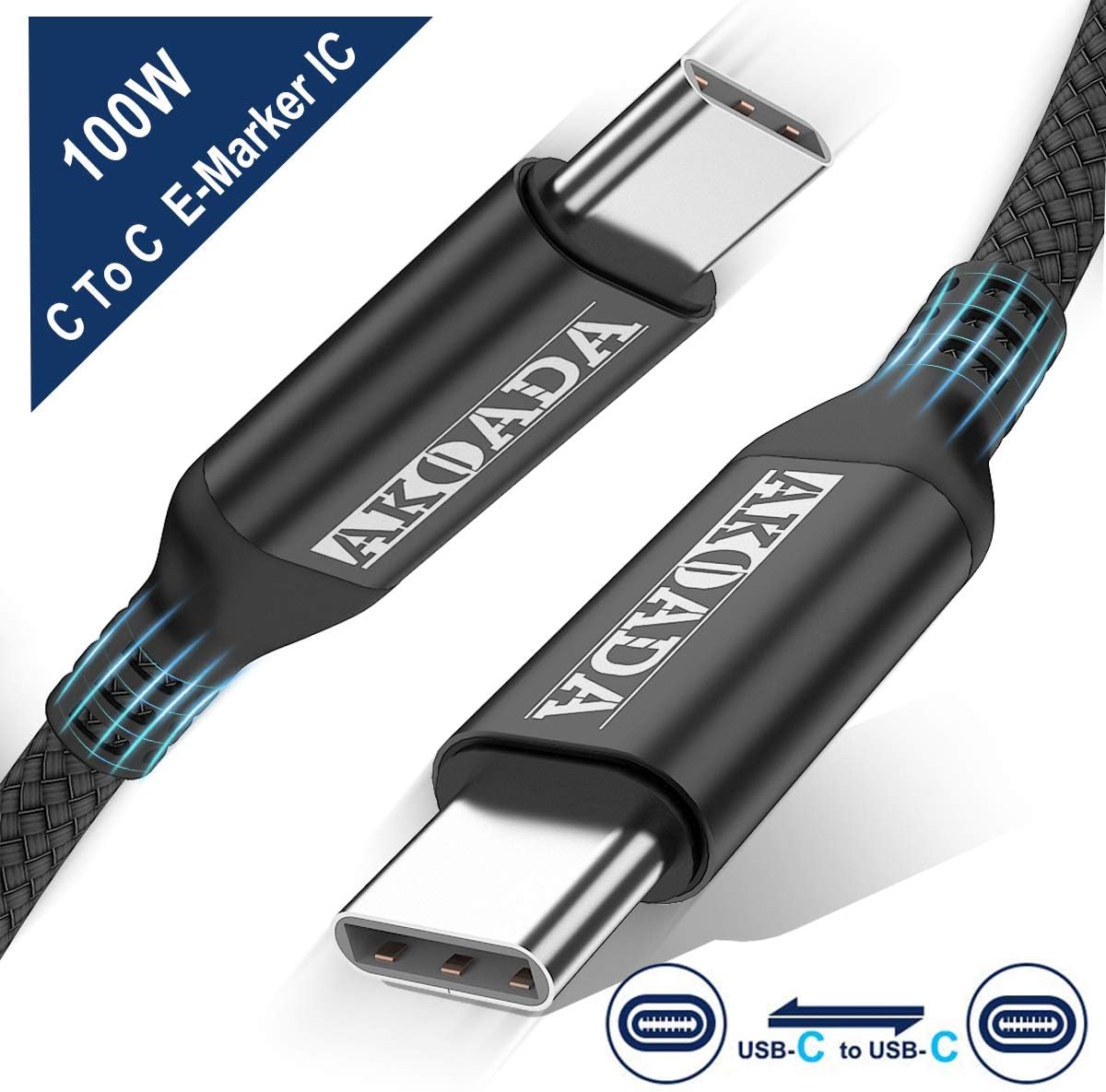 AkoaDa USB-C To USB-C 100W Cable 10ft,USB C Braided Fast Charging Cord Compatible With MacBook Pro 2020/2019/2018, iPad Pro 2020/2019/2018,Samsung Galaxy S21, Dell XPS 13/15 And Type-C Laptops (Black)