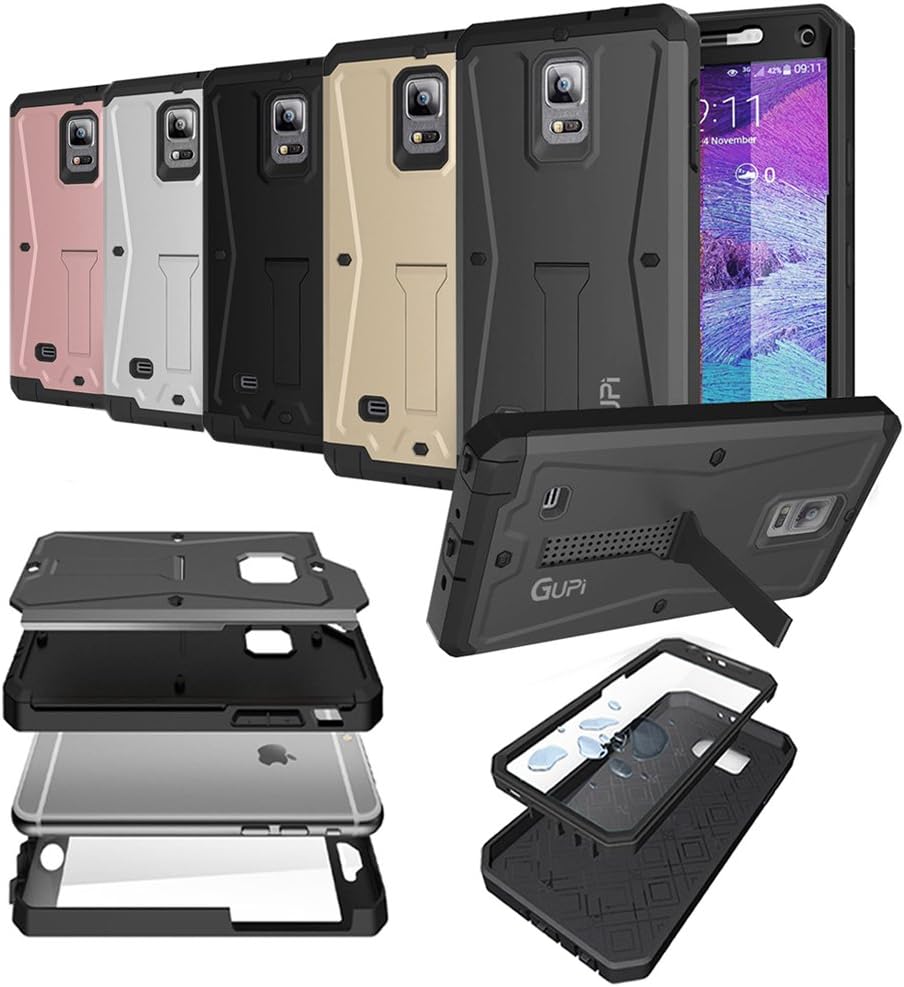 Genuine GUPi® GUN METAL GREY Tough Armored TANK Case, Cover Ultra Protective Shockproof with Built in Screen Guard & Media Stand for Samsung Galaxy Note 4