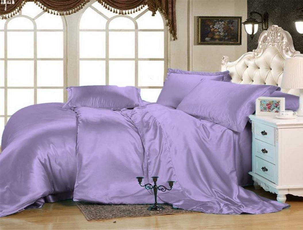 Reliable Bedding 100% Pure Silk Satin Sheet Set 7pcs, Silk Fitted Sheet 15'' Deep Pocket,Silk Flat Sheet,Silk Duvet Cover & Pillowcases Set !!! Cal-King, Lilac
