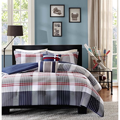 DH 5 Piece Boys Grey Red Navy Blue Madras Glen Plaid Theme Comforter Full Queen Set, Stylish All Over Tartan Check Plaided Bedding, Horizontal Vertical Stripe Lodge Cabin Themed Pattern