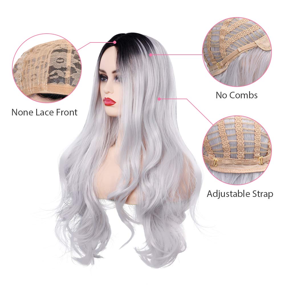 Women Long Curly Wig Silver Gray Ombre wigs Dark Roots Synthetic Heat Resistant Fiber Hair Full Wigs with Free Wig Cap