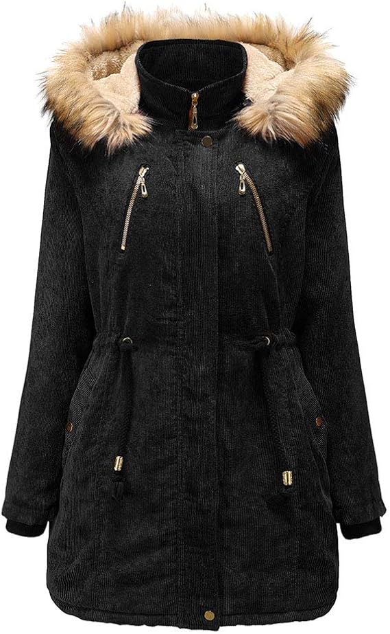Women coat corduroy solid colors long Classic sleeve hooded with fur