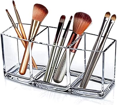 Amazon Com Makeup Brush Holder Organizer 3 Compartments Clear Acrylic Cosmetic Storage Organizer For Vanity Bathroom Office Kitchen Supplies And More Home Improvement