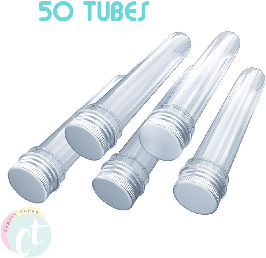 Extra Long Clear PET Plastic Test Tubes with Screw Caps 32 Blank Labels for Kids Science, 50 Pieces 25 x 165mm (60ml) - Beads, Candy, Craft Storage Organization, Wedding Party Favor - by Crafty Tubes