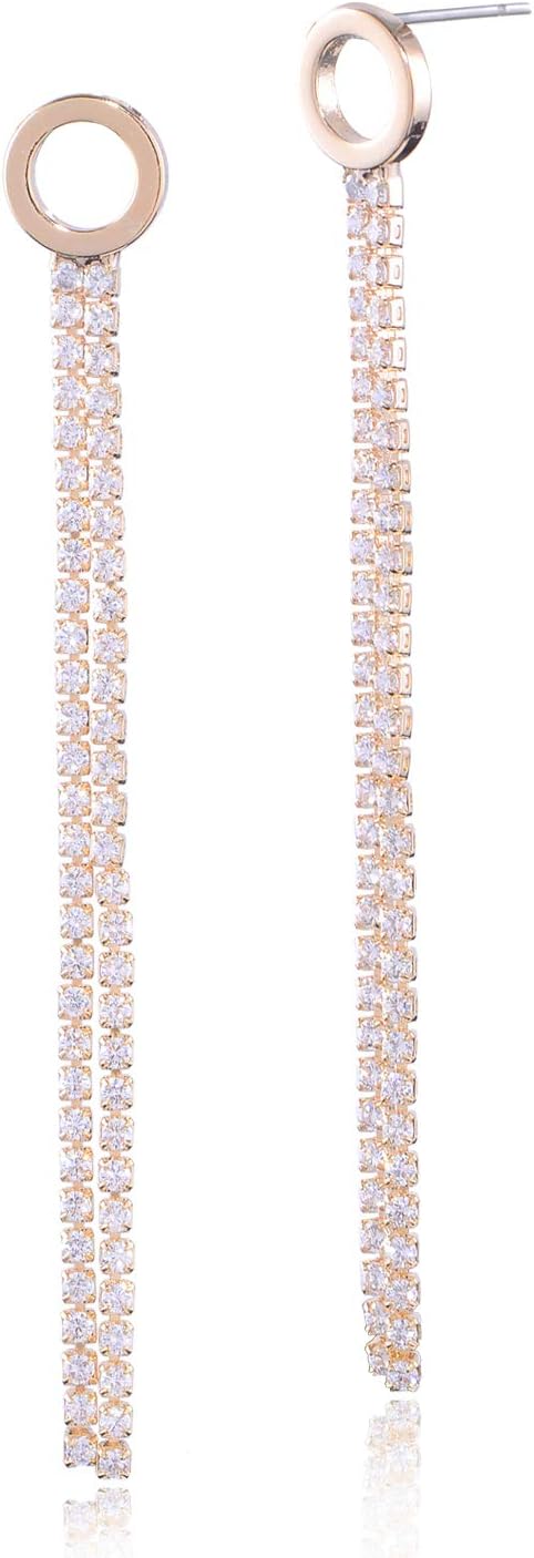 CZ Linear Drop Earrings - Long Sterling Silver Chain with Swarovski Crystal Cubic Zirconia Rhinestone Tassel Strand Bridal Threader Earring for Women Girls Wedding Party Prom