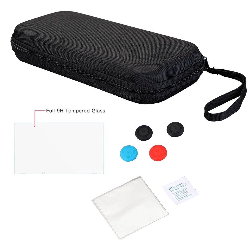 Vorida Case Compatible for Nintendo Switch, Carrying Travel Case Protective 14 Game Storage Slots & 9H Tempered Glass Screen Protector & Joy Con Grips Caps with Carrying Strap, Black