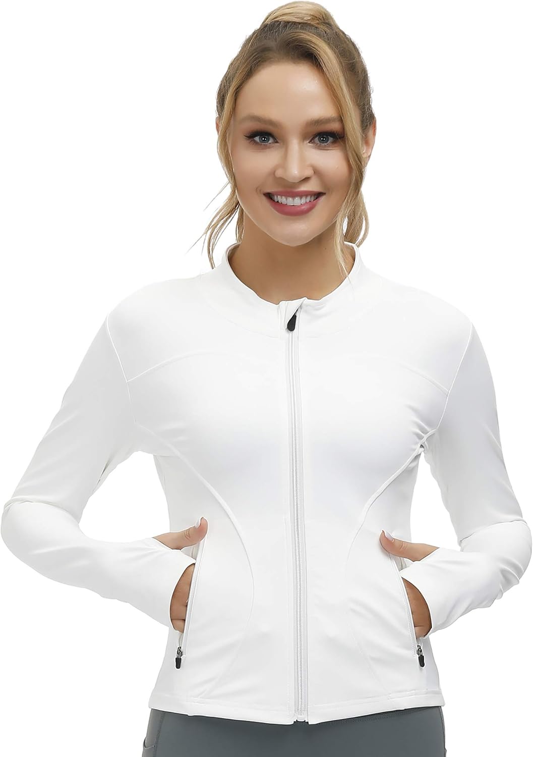 bonim Women's Workout Yoga Jacket Full Zip Running Track Jackets Activewear with Zipper Pockets White X-Large: Clothing