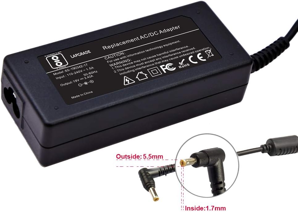 LAPGRADE 19V 3.42A Adapter Charger for Acer TravelMate 200 210 225 230 240 280 290 310 340 350 360 510 520 620 630 650 660 720 730 740 Series PC (Without Power Cable)- Black
