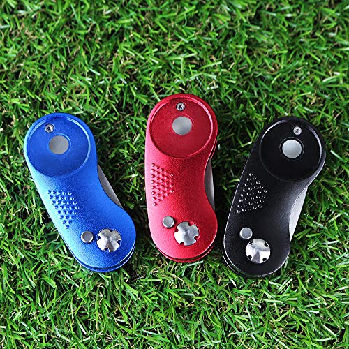 Myartte Golf Divot Repair Tool,Foldable Divot Tool, Stainless Steel Switchblade with 2 PCS Detachable Golf Ball Marker Pop-up Button (Blue Clover)