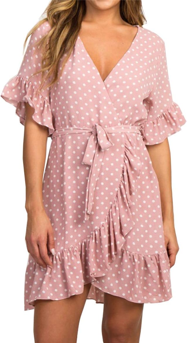 Women's Summer Casual Chiffon Button Short Sleeve Tie Waist Polka Dot Solid Color Beach Mini Shirt Dress
